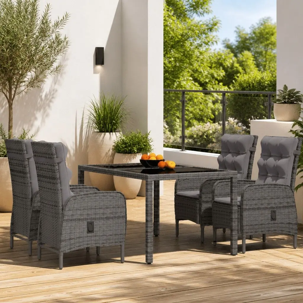 5 Piece Grey Garden Dining Set with Rattan Chairs