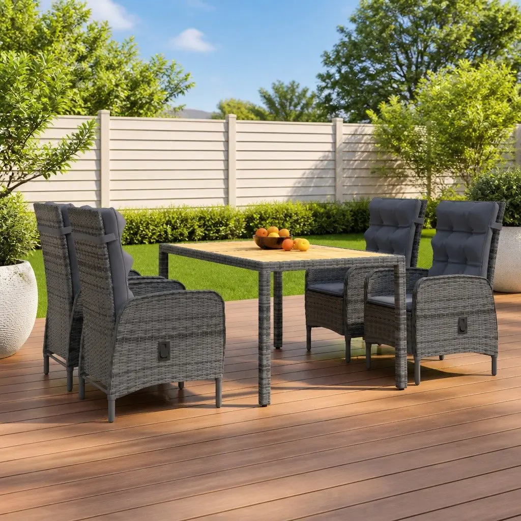 5 Piece Garden Dining Set Steel Frame Grey PE Rattan Solid Acacia Wood Tabletop