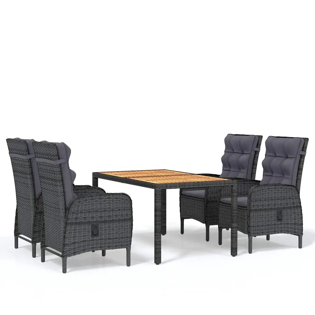 5 Piece Garden Dining Set Steel Frame Grey PE Rattan Solid Acacia Wood Tabletop