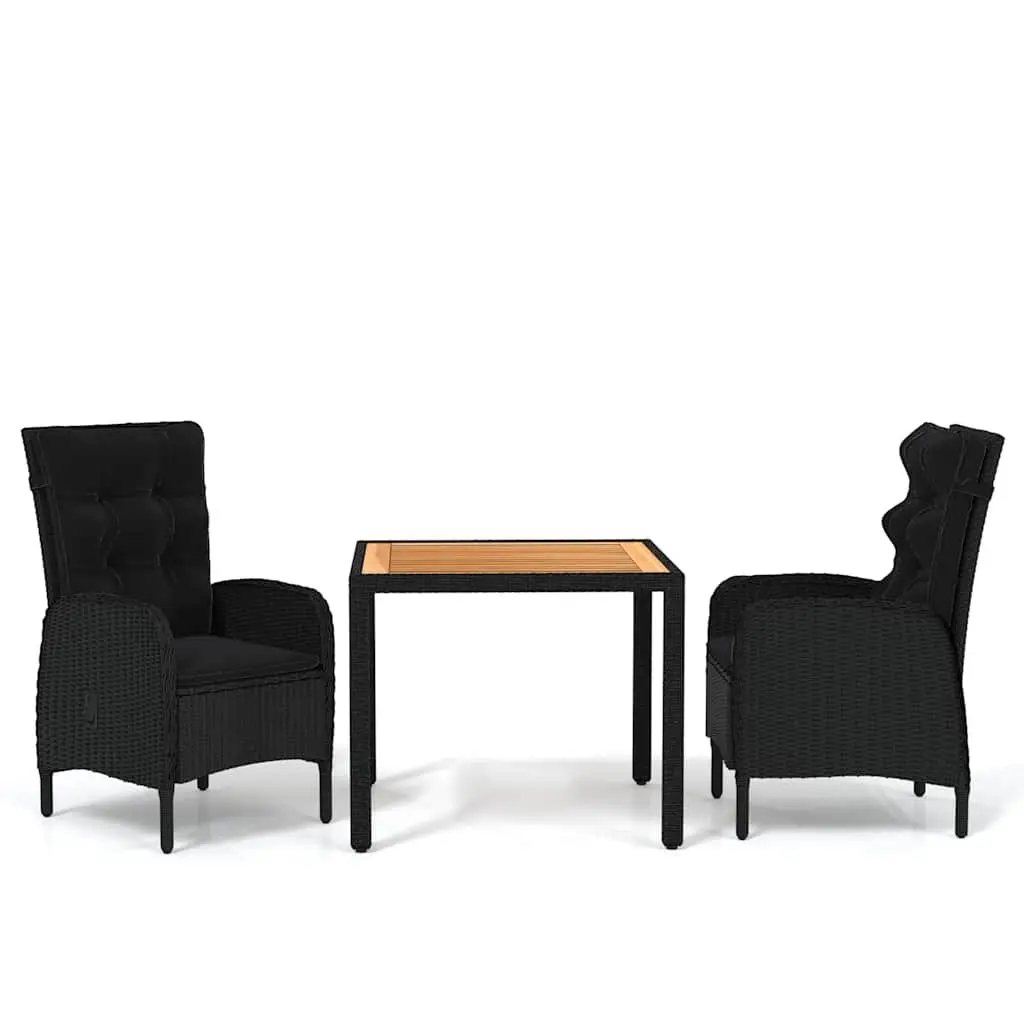 3 Piece Black Garden Dining Set with Acacia Table