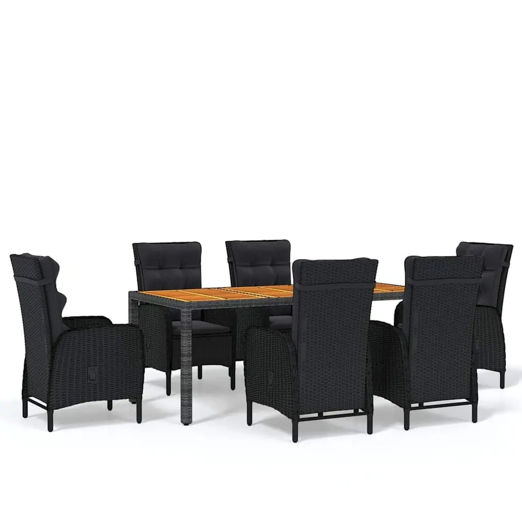 7 Piece Garden Dining Set Steel Frame PE Rattan Cushions Solid Acacia Wood Table Black
