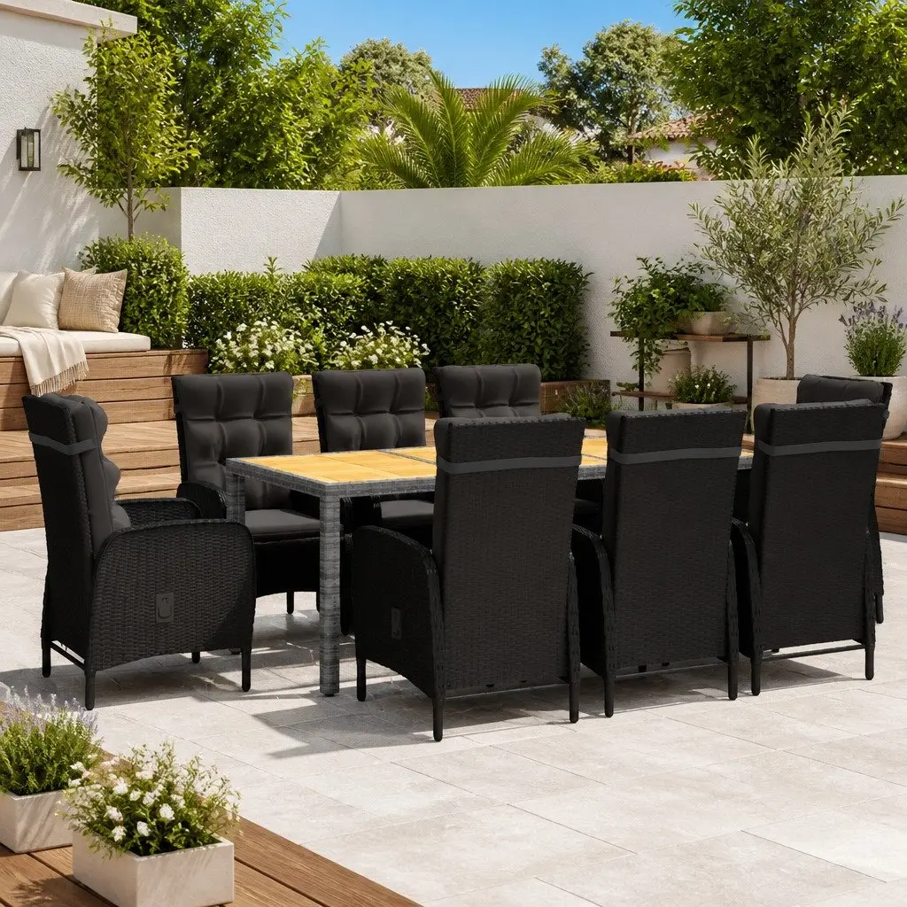 9 Piece Garden Dining Set Steel Frame PE Rattan Acacia Wood Table Black