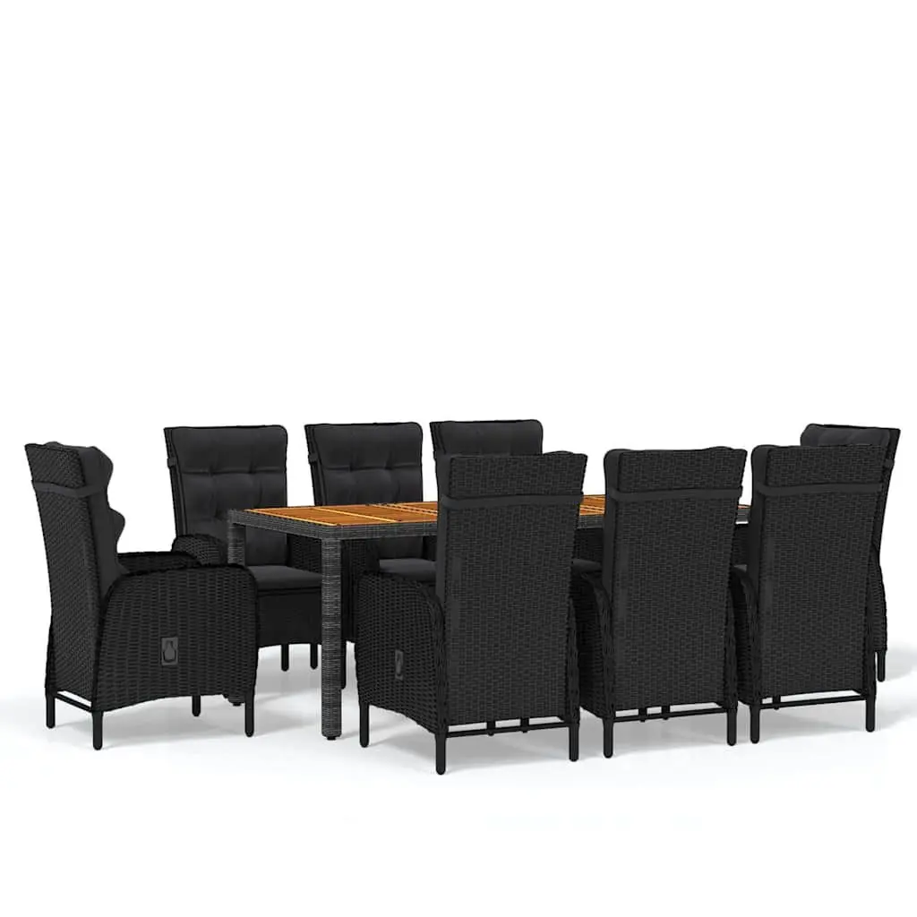 9 Piece Garden Dining Set Steel Frame PE Rattan Acacia Wood Table Black