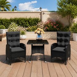 3 Piece Black Outdoor Dining Set with Glass Table