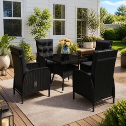 Black Poly Rattan 5 Piece Outdoor Dining Set with Glass Table