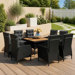 9 Piece Outdoor Dining Set with Black Rattan and Steel