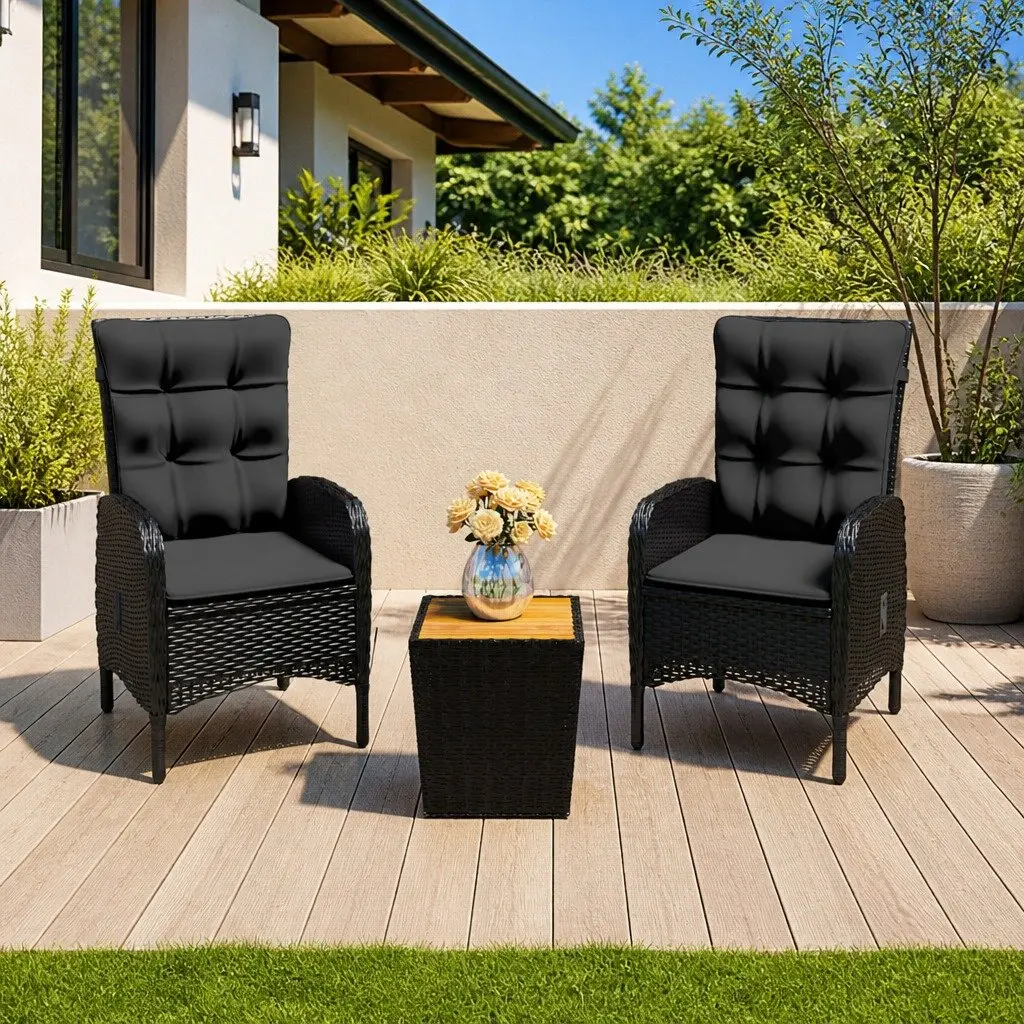 Garden Bistro Set Poly Rattan Acacia Wood 3 Piece Outdoor Furniture Black