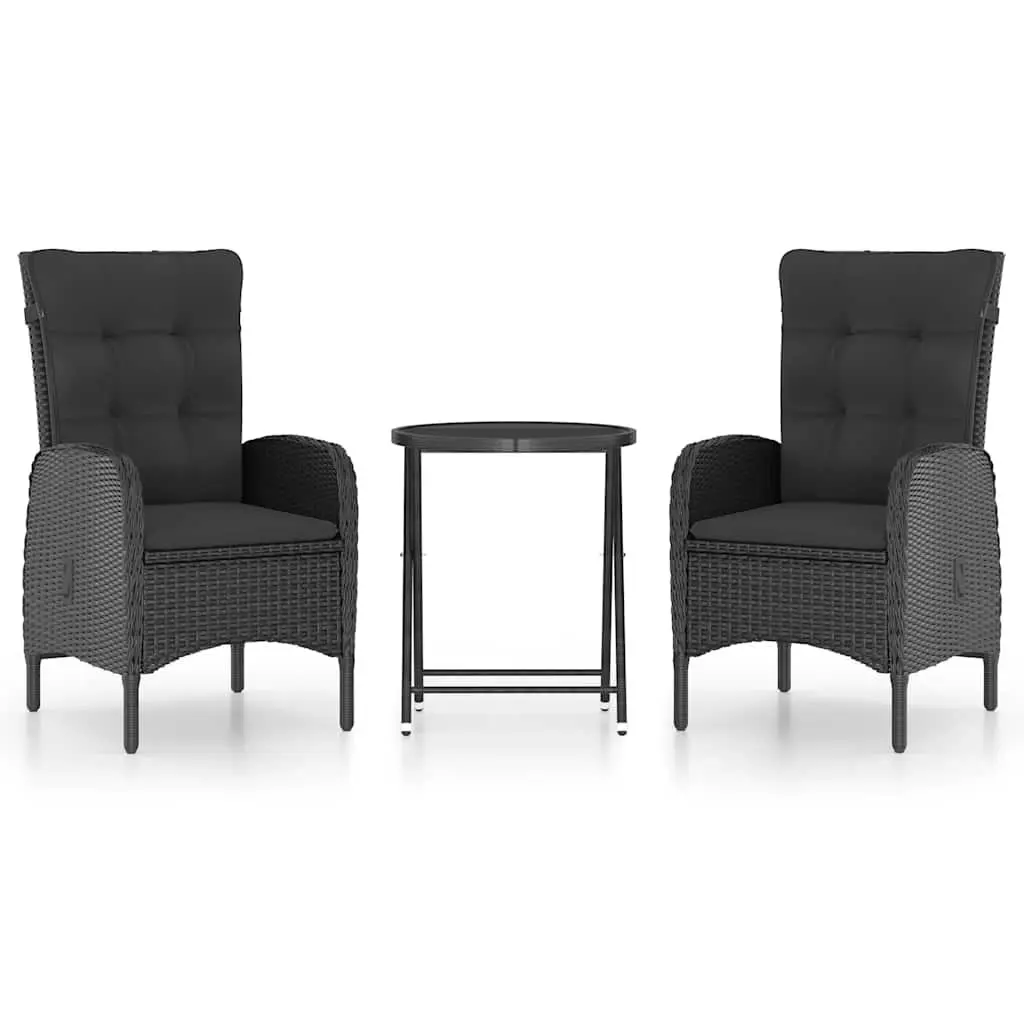 Bistro Set Powder-coated Steel PE Rattan Glass Top 3 Piece Outdoor Furniture Black