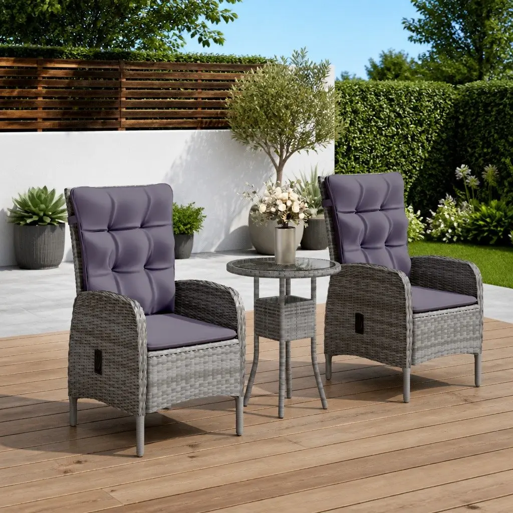 3 Piece Garden Bistro Set with Grey Chairs and Table