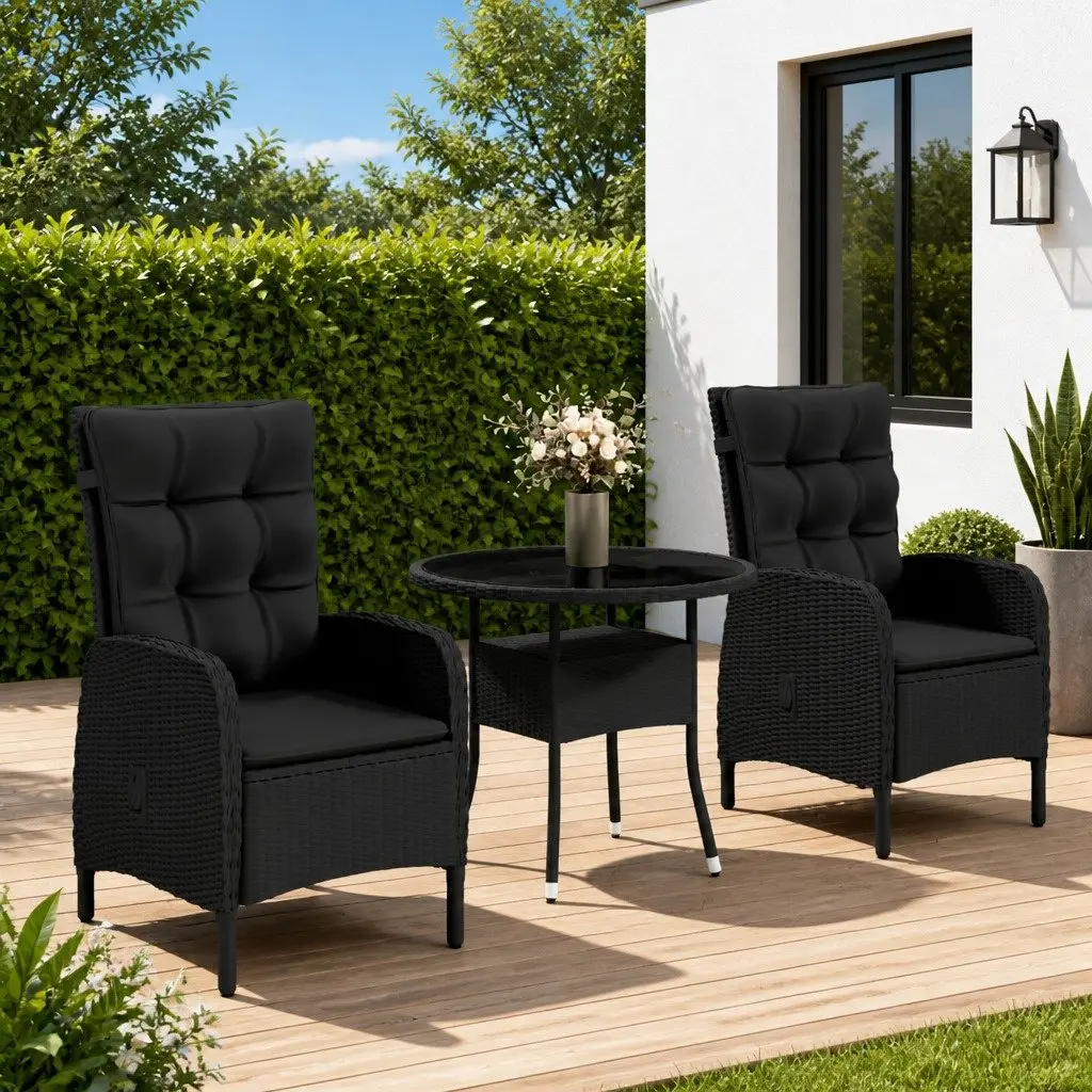 3 Piece Garden Bistro Set Poly Rattan Patio Outdoor Furniture Black Chairs Table