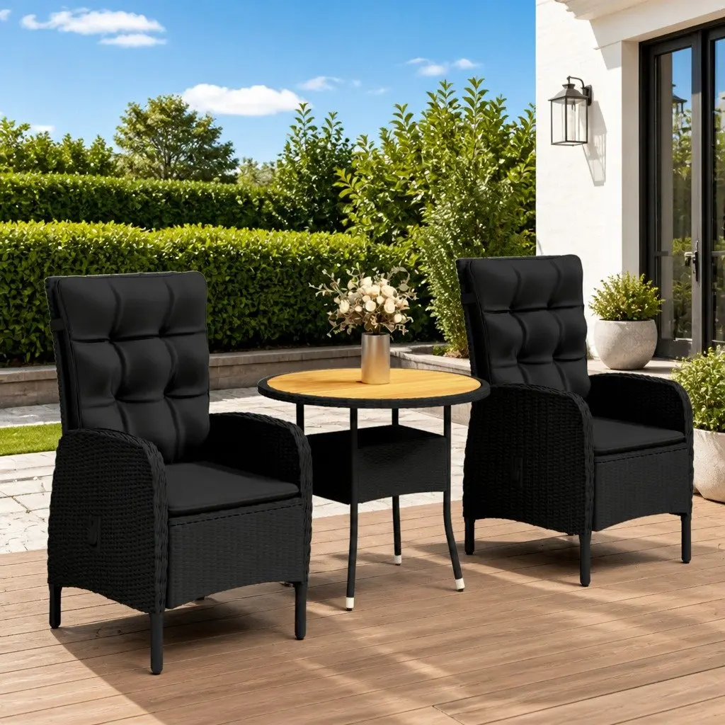 3 Piece Garden Bistro Set with Black Chairs