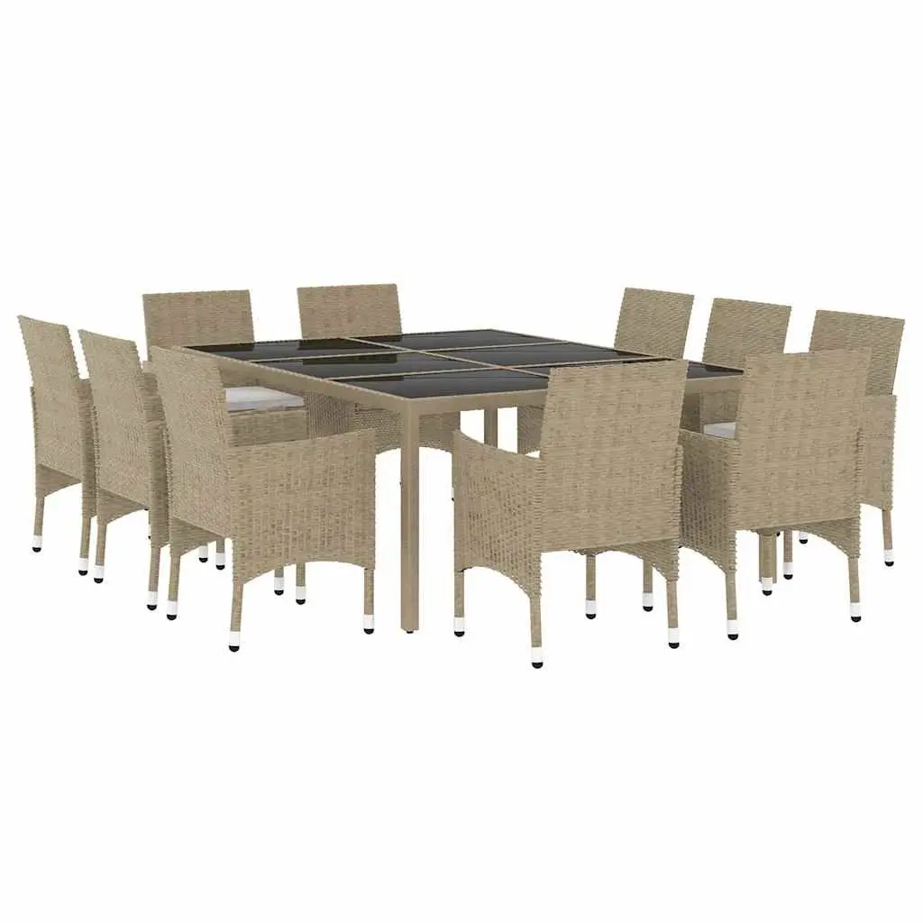 Garden Dining Set Steel Hand Woven PE Rattan 11 Piece Outdoor Furniture Patio Table Chairs Beige