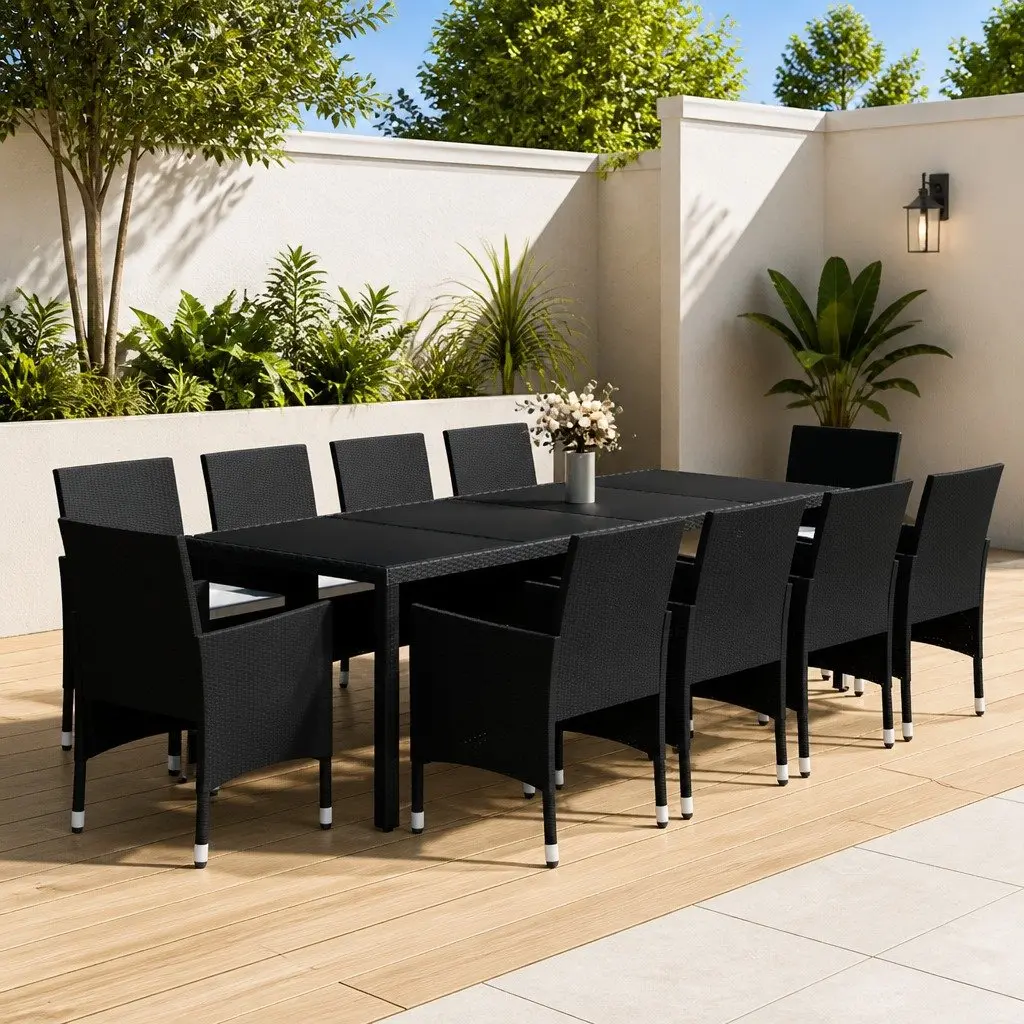 11 Piece Garden Dining Set Steel PE Rattan Black