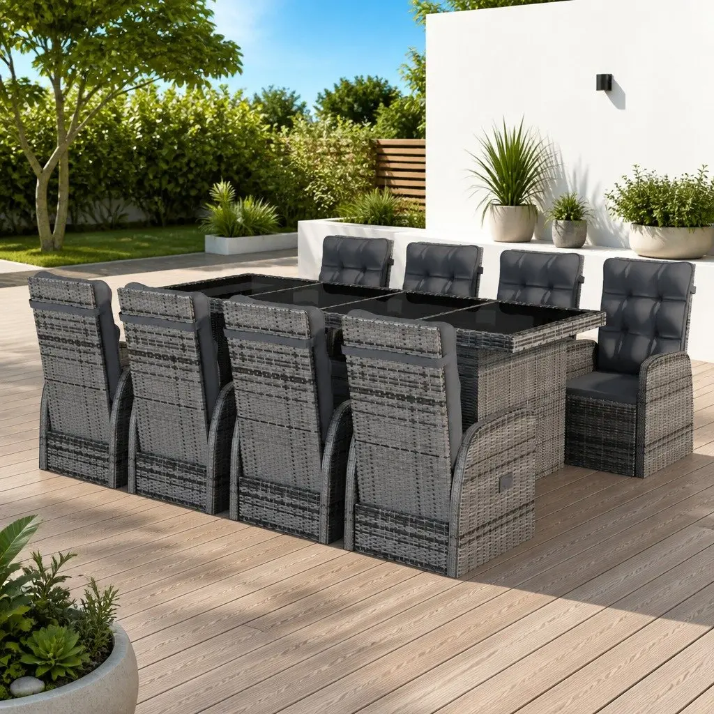 9 Piece Grey Garden Furniture Set with Cushions Outdoor Dining Table and Reclining Chairs Poly Rattan Construction
