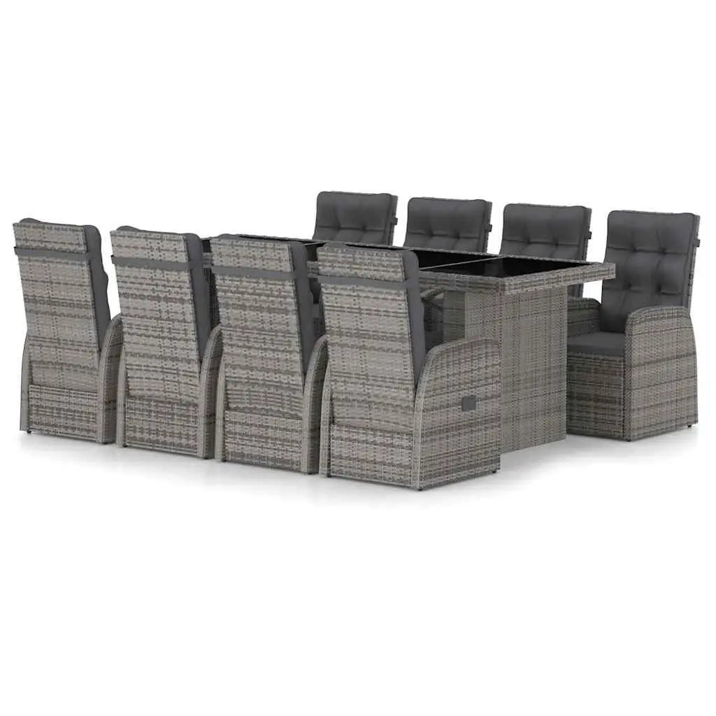 9 Piece Grey Garden Furniture Set with Cushions Outdoor Dining Table and Reclining Chairs Poly Rattan Construction