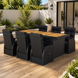7 Piece Black Poly Rattan Outdoor Dining Set with Cushions
