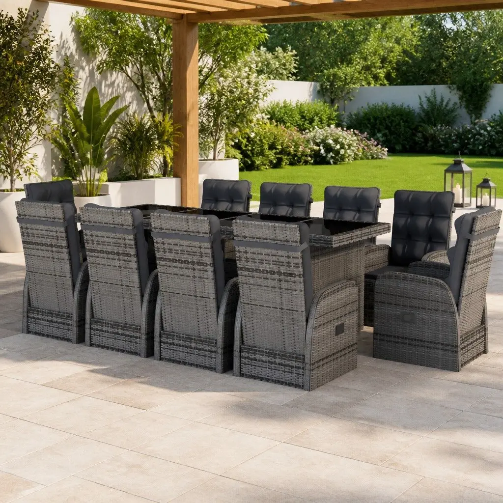 Outdoor Dining Set 11 Piece Grey PE Rattan Powder-coated Steel Frame with Cushions
