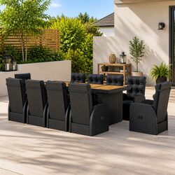 11 Piece Outdoor Dining Set Black PE Rattan Steel Frame Acacia Wood Table Chairs