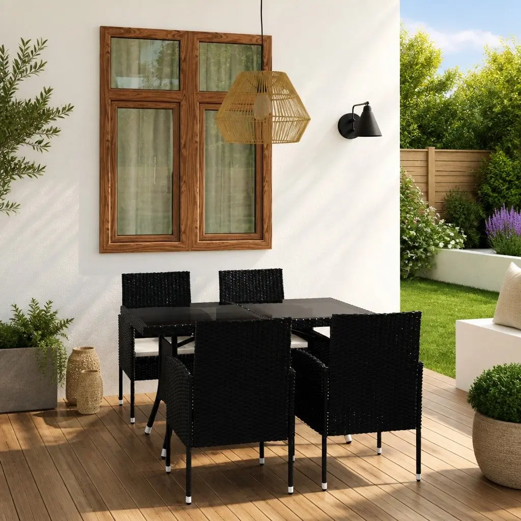 Outdoor Dining Set PE Rattan Steel Frame Glass Top Black 5 Piece