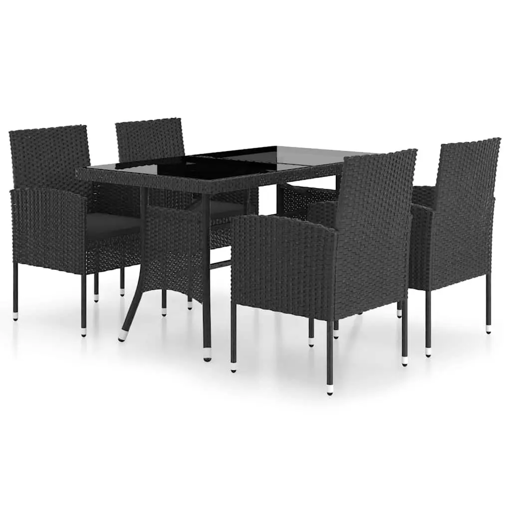 5 Piece Garden Dining Set PE Rattan Steel Frame Glass Table Chairs Black