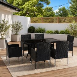 Durable 7 Piece Black Poly Rattan Outdoor Dining Set