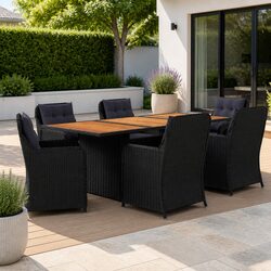 7-Piece Black Rattan Garden Dining Set with Acacia Table