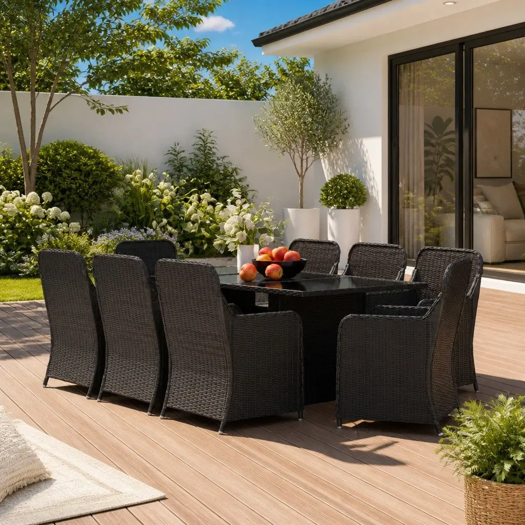 9 Piece Garden Dining Set Steel Frame PE Rattan Glass Table Black