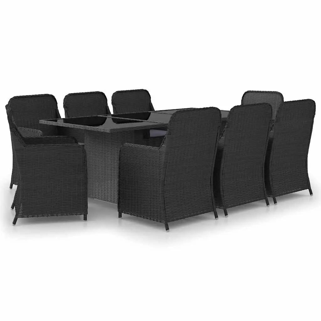 9 Piece Garden Dining Set Steel Frame PE Rattan Glass Table Black