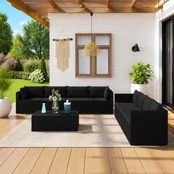 Modular 9-Piece Black Outdoor Lounge Set with Cushions