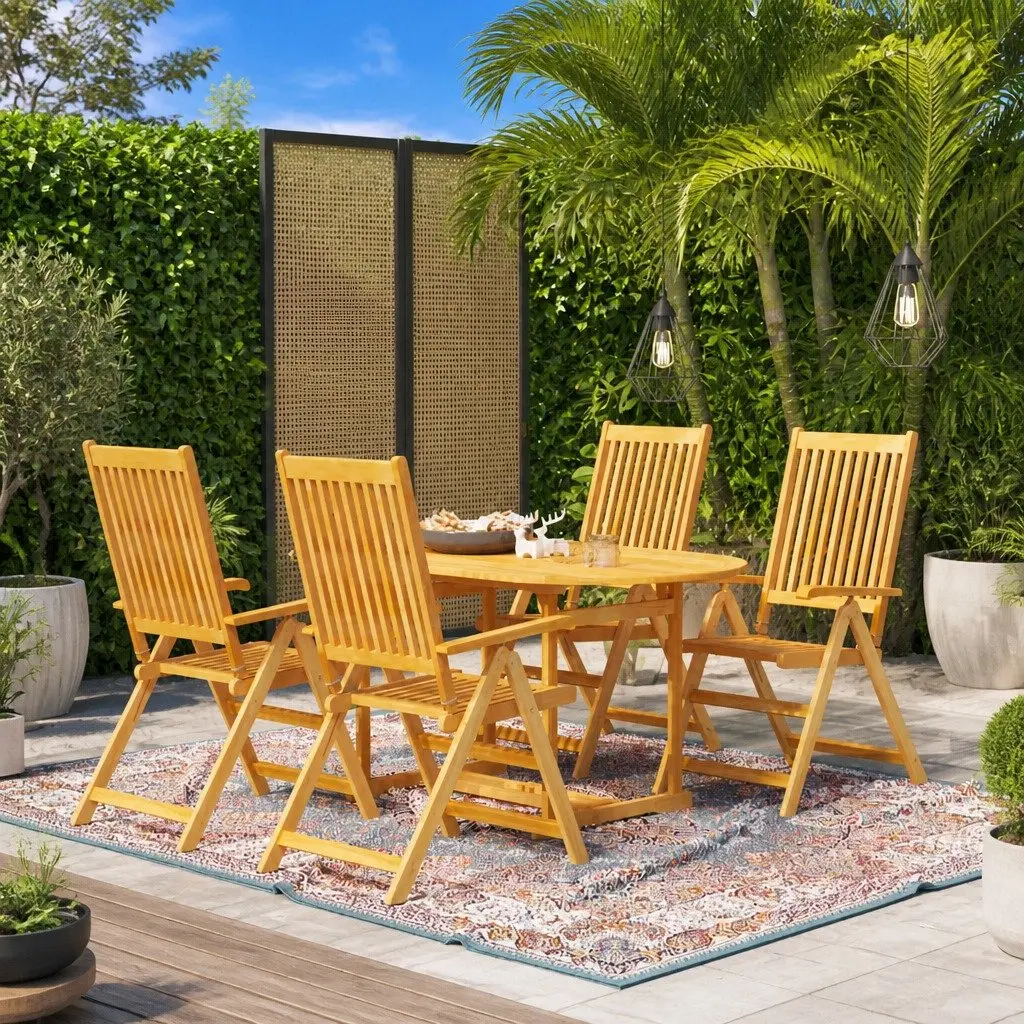 5 Piece Garden Dining Set Teak Wood Brown Outdoor Furniture