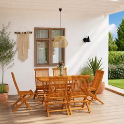 Teak Wood 7-Piece Outdoor Dining Set with Parasol Hole