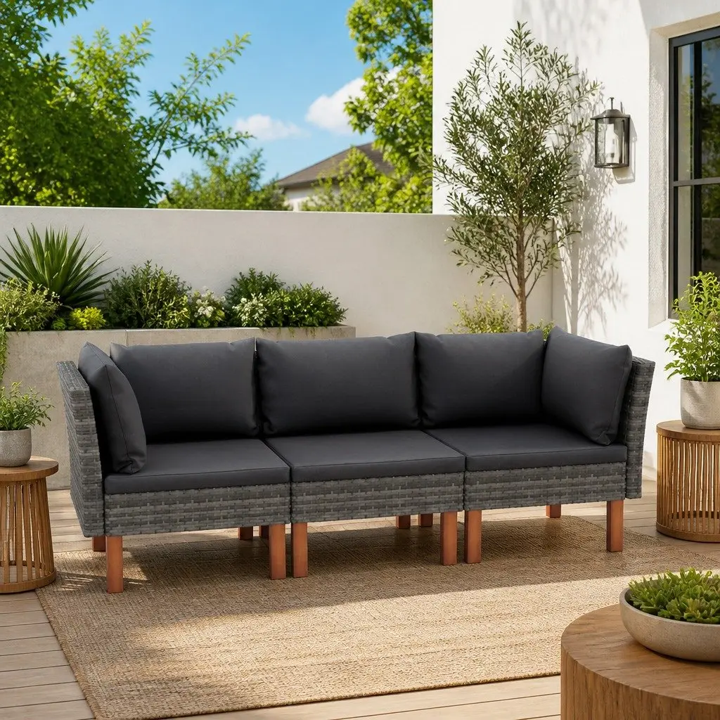 3-Seater Garden Sofa with Grey Rattan and Cushions