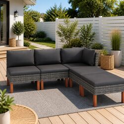 5 Piece Grey Poly Rattan Garden Lounge Set with Cushions
