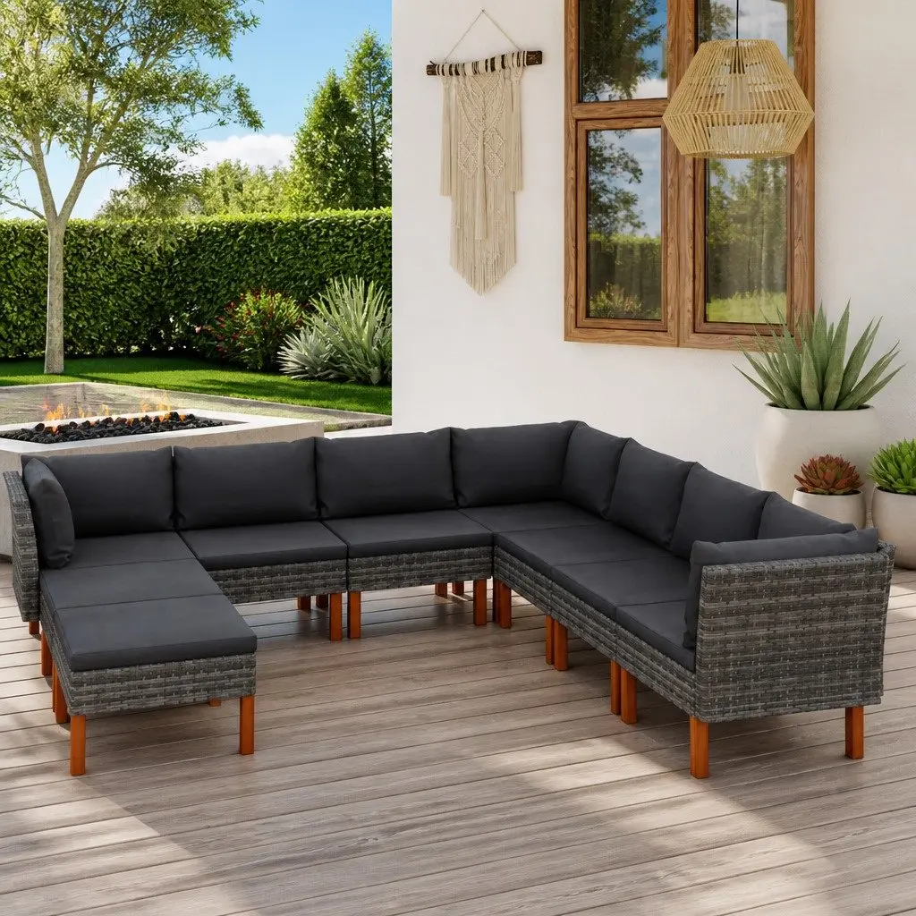 Garden Lounge Set 9 Piece PE Rattan Powder Coated Steel Grey Sofa Cushions