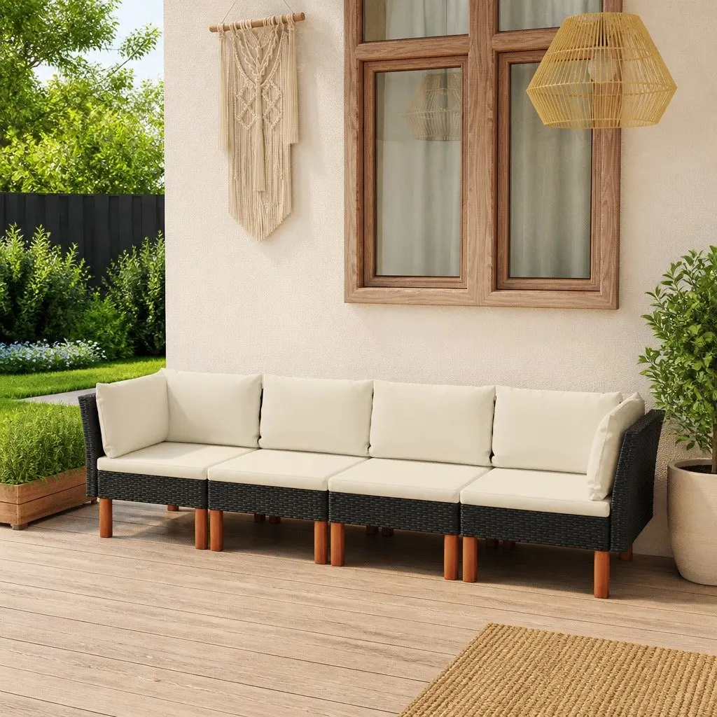 4-Seater Garden Sofa PE Rattan Powder-coated Steel Black Outdoor Lounge Patio Set