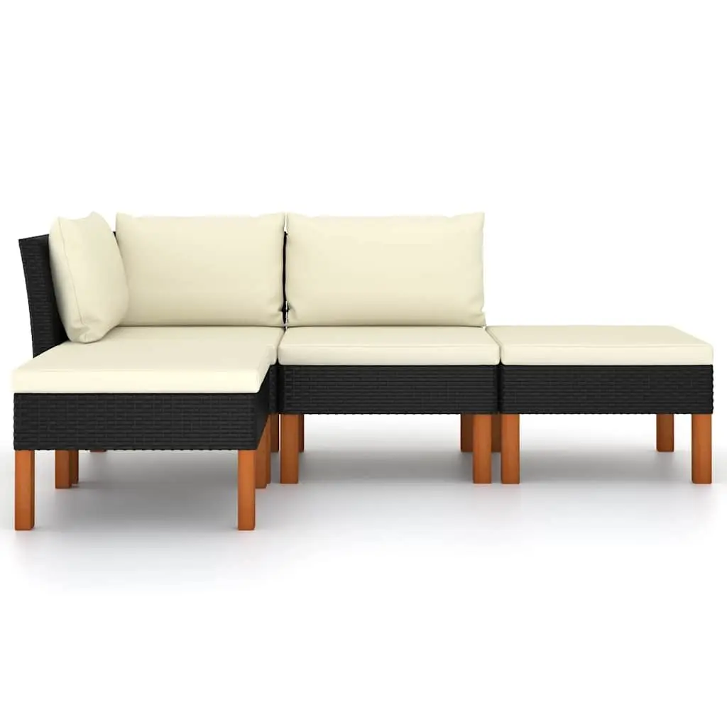 Garden Lounge Set Poly Rattan Powder Coated Steel Eucalyptus Wood 4 Piece Black