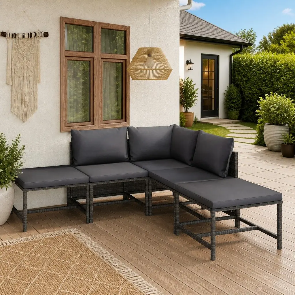 Outdoor Lounge Set Poly Rattan 6 Piece Steel Frame Grey
