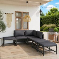 6-Piece Grey Poly Rattan Garden Lounge Set with Cushions