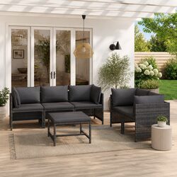 6-Piece Grey Poly Rattan Garden Lounge Set with Cushions