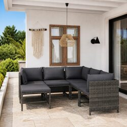 Durable 6 Piece Grey Poly Rattan Garden Lounge Set