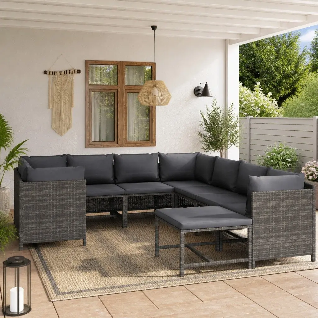 Garden Lounge Set Poly Rattan 9 Piece Modular Sectional Grey