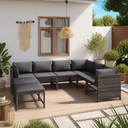 8-Piece Grey Poly Rattan Garden Lounge Set with Cushions