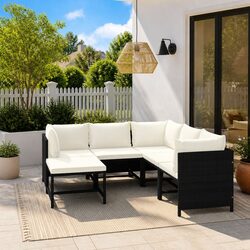 Black 6-Piece Poly Rattan Outdoor Lounge Set with Cushions