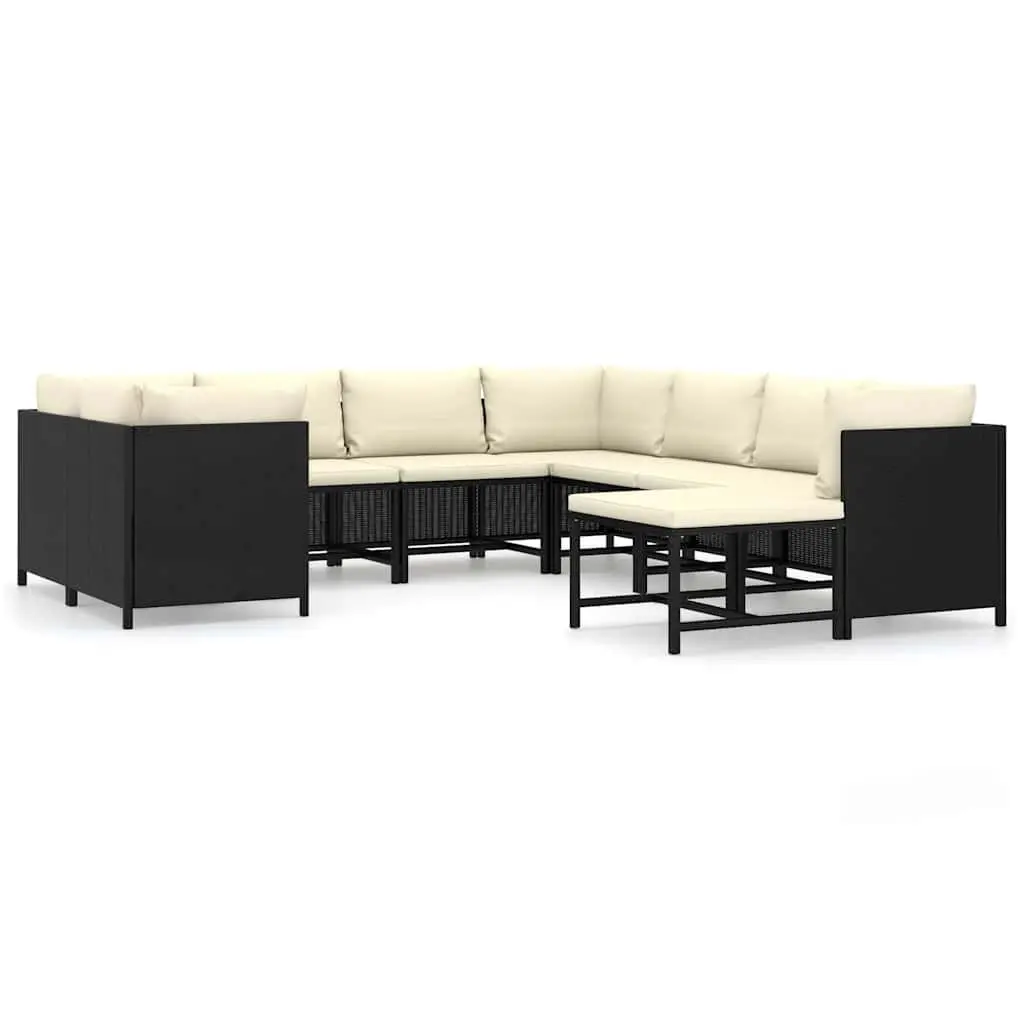 9 Piece Poly Rattan Garden Lounge Set Black Powder Coated Steel Frame with Cushions