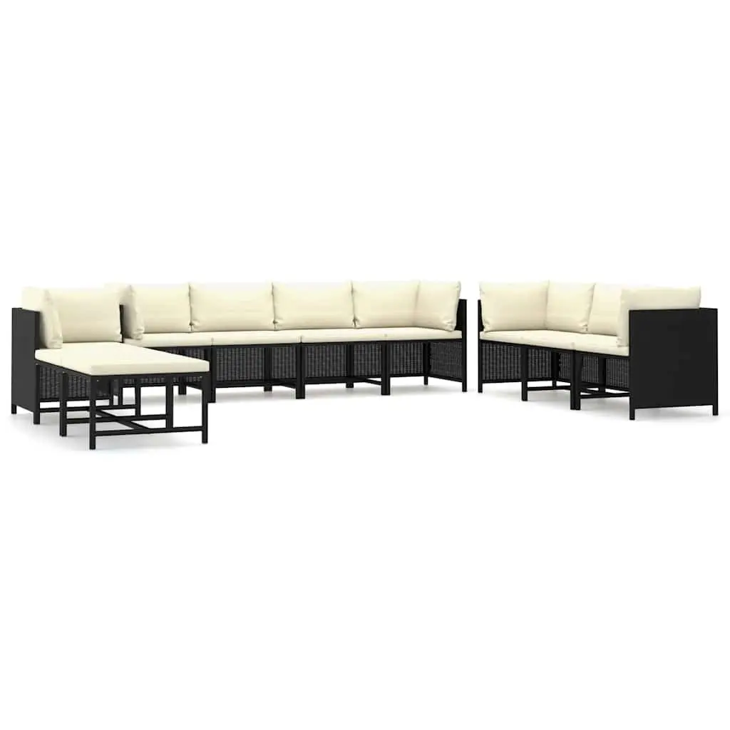 10 Piece Outdoor Lounge Set Poly Rattan Cushions Black