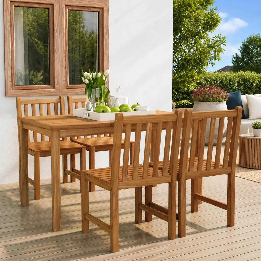 5PieceTeakWoodGardenDiningSetBrownOutdoorFurnitureTableandChairs
