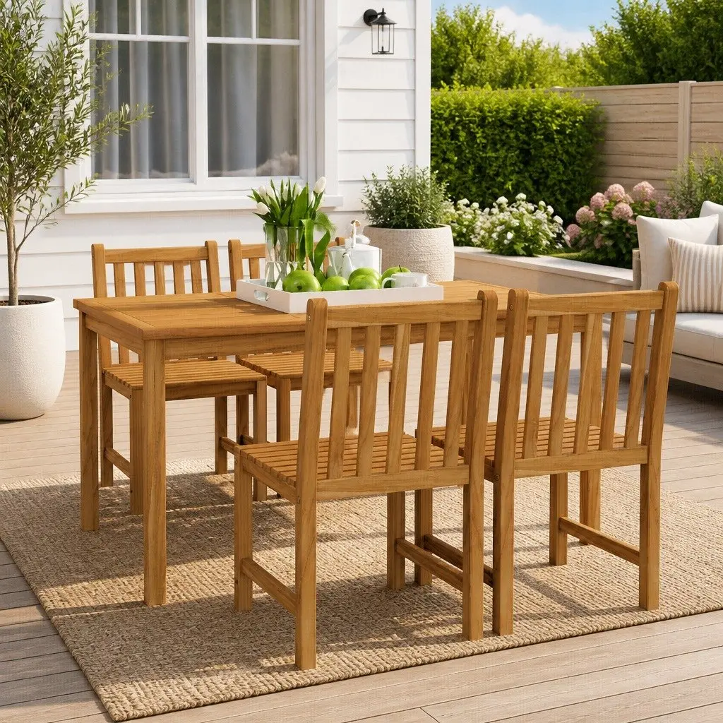 Garden Dining Set Solid Teak Wood 5 Piece Outdoor Furniture Table Chairs Brown