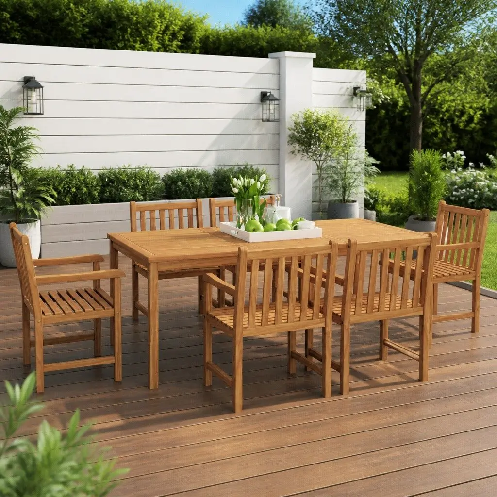 Outdoor Dining Set Teak Wood 7 Piece Brown