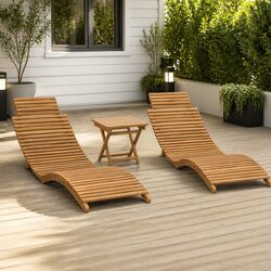 3-Piece Teak Wood Folding Garden Lounger Set