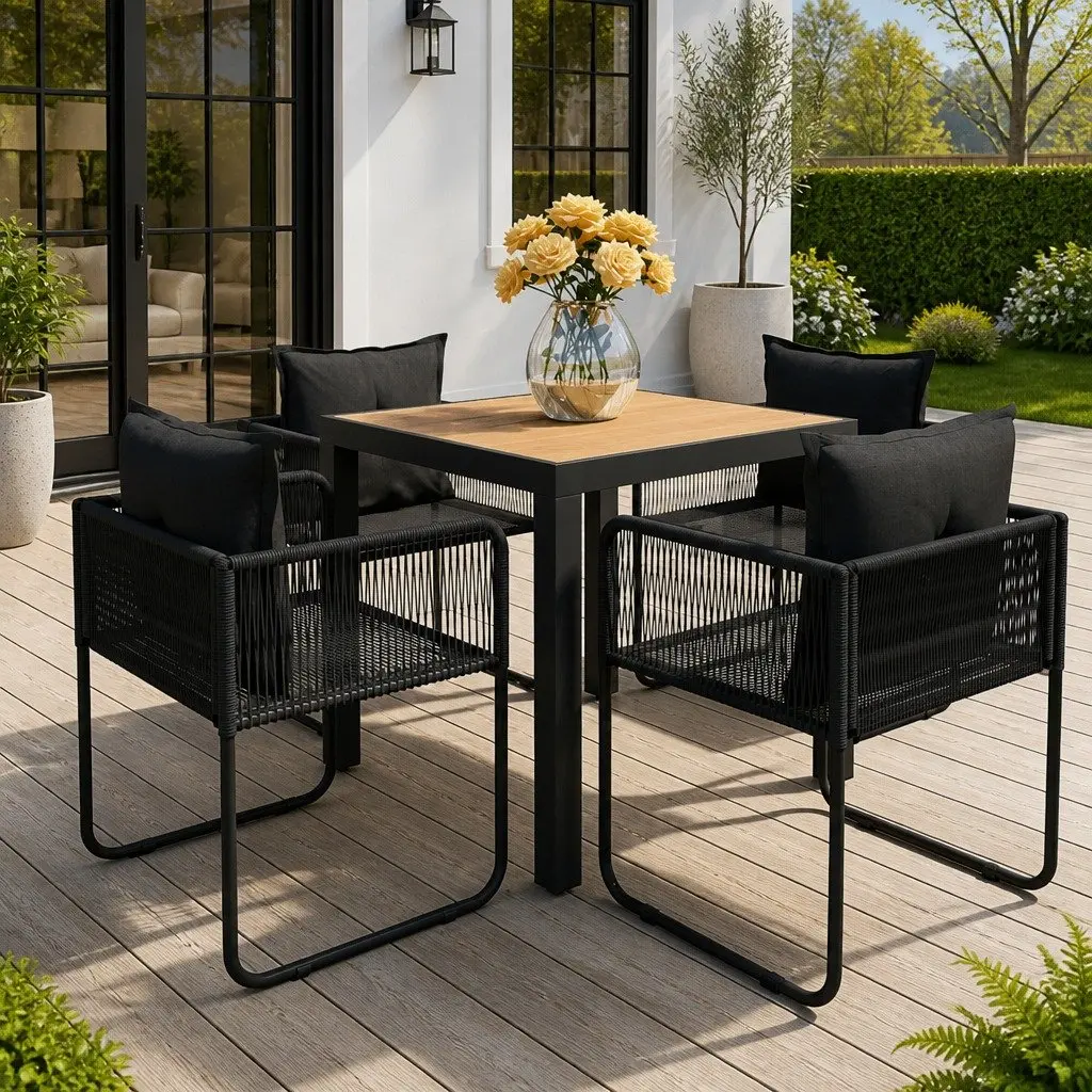 5 Piece Garden Dining Set PVC Rattan Powder-coated Steel Aluminium WPC Black